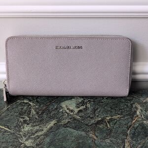 Michael Kors Gray Saffiano Leather Long Zip Around Wallet